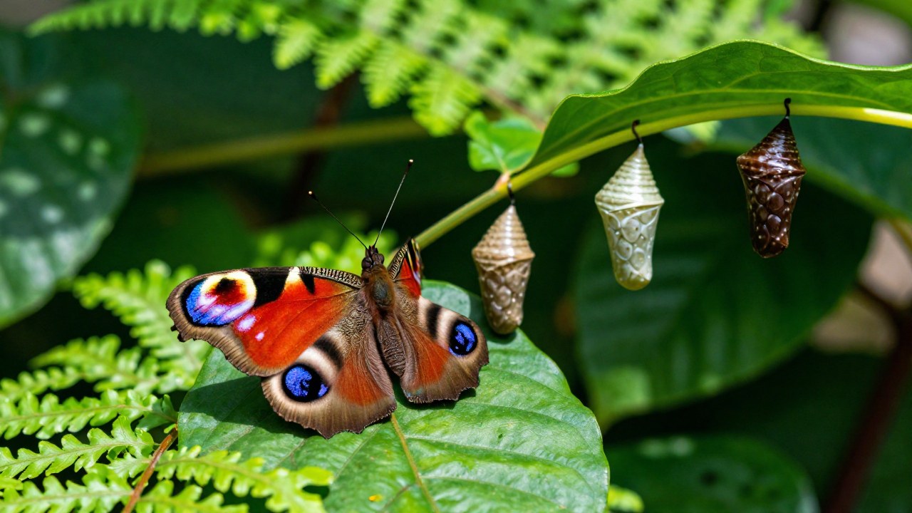 Una mariposa pavo adulta reposa en una hoja junto a sus etapas de desarrollo, huevos y crisálida.