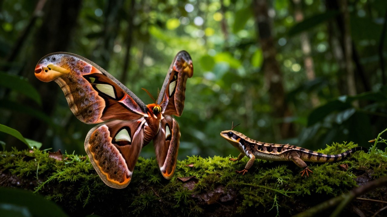 El majestuoso polilla Atlas adopta una postura defensiva ante un pequeño depredador en la selva.