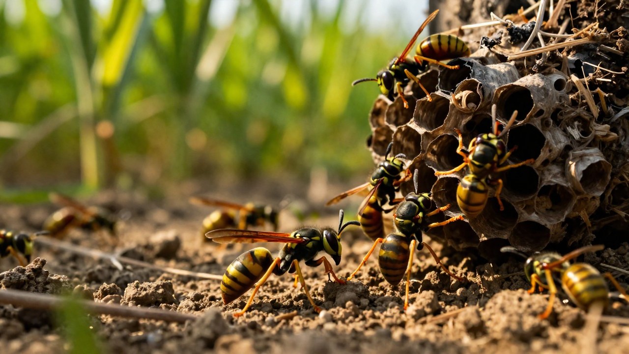 Varias avispas defienden agresivamente su nido orgánico en un entorno de campo agrícola.