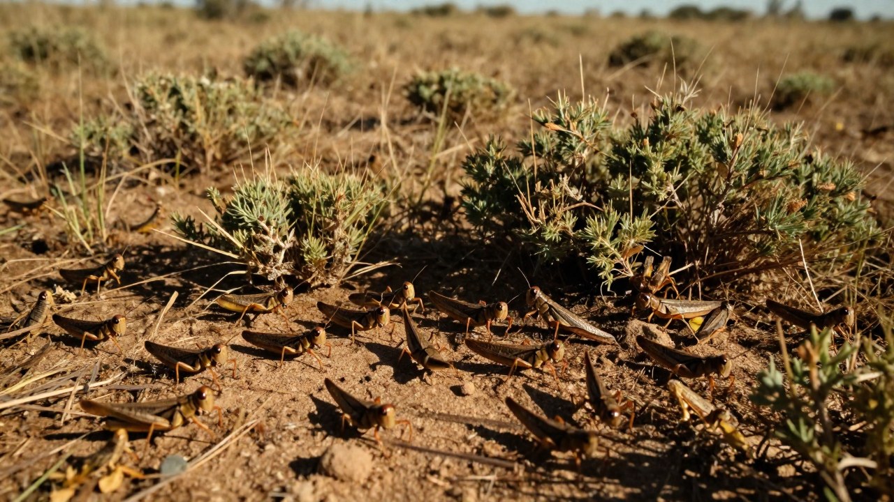 Enjambre de insectos moviéndose sobre el terreno seco y árido de un pastizal con matorrales escasos.