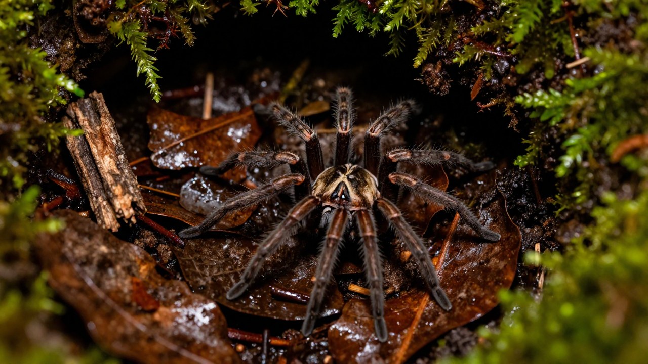 Araña Tegenaria domestica en su microclima húmedo, rodeada de hojarasca, tierra y musgo en el bosque.
