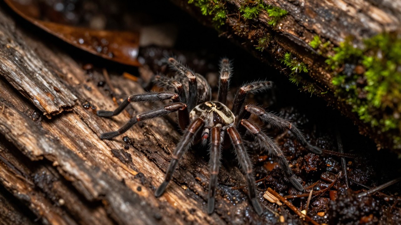 Araña *Tegenaria domestica* sobre materia orgánica húmeda, mostrando su nicho de adaptación en el ambiente.