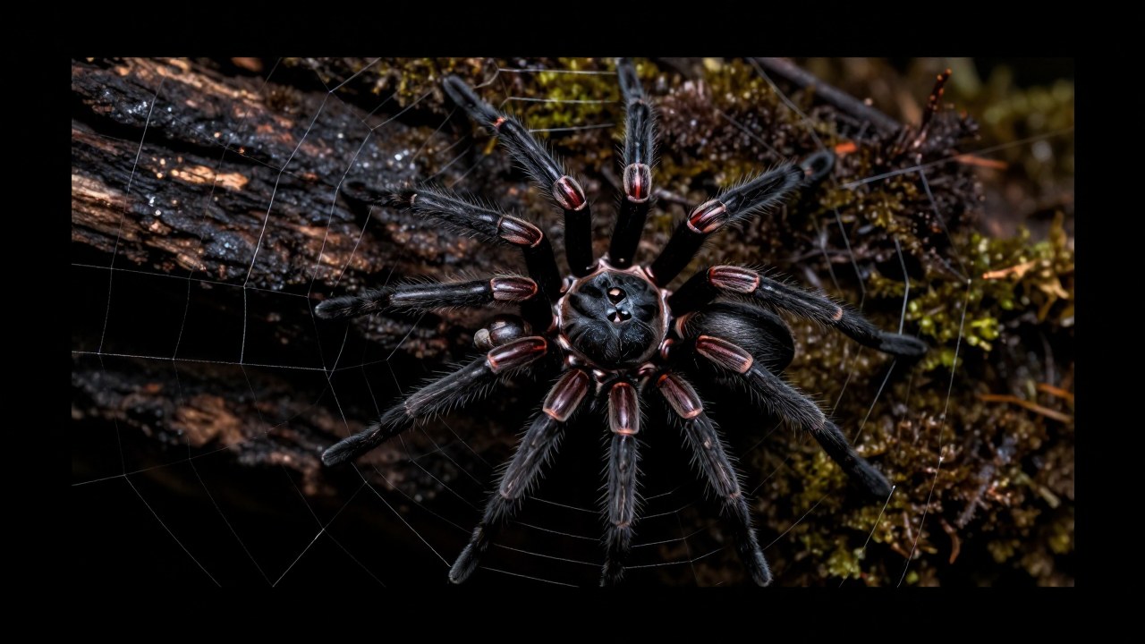 Araña viuda negra posada en su compleja telaraña, destacando su saco de huevos contra un fondo natural.