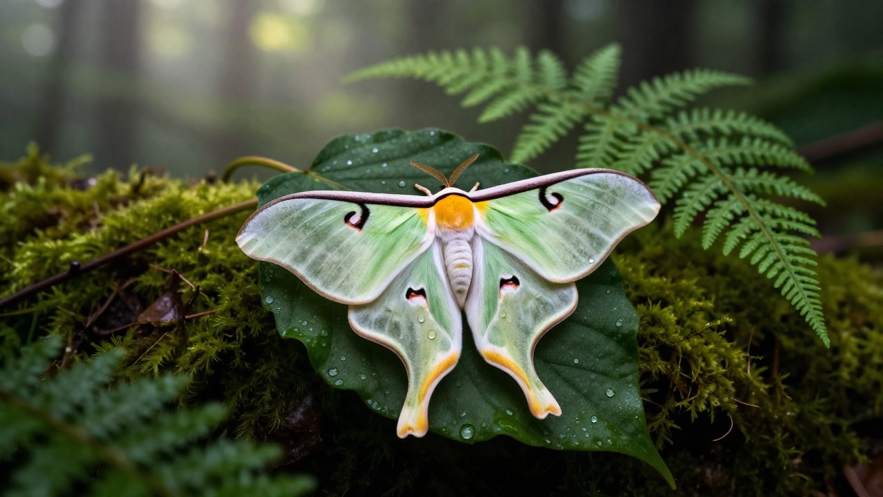Gran polilla Luna verde reposando sobre hojas y helechos de un bosque húmedo y neblinoso.