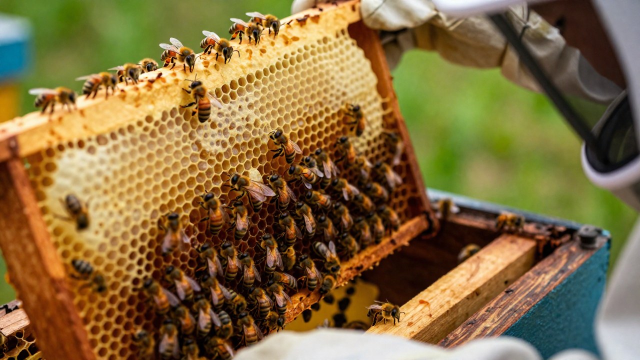 Un apicultor examina una colmena, observando la postura defensiva de las abejas cerca de la entrada.