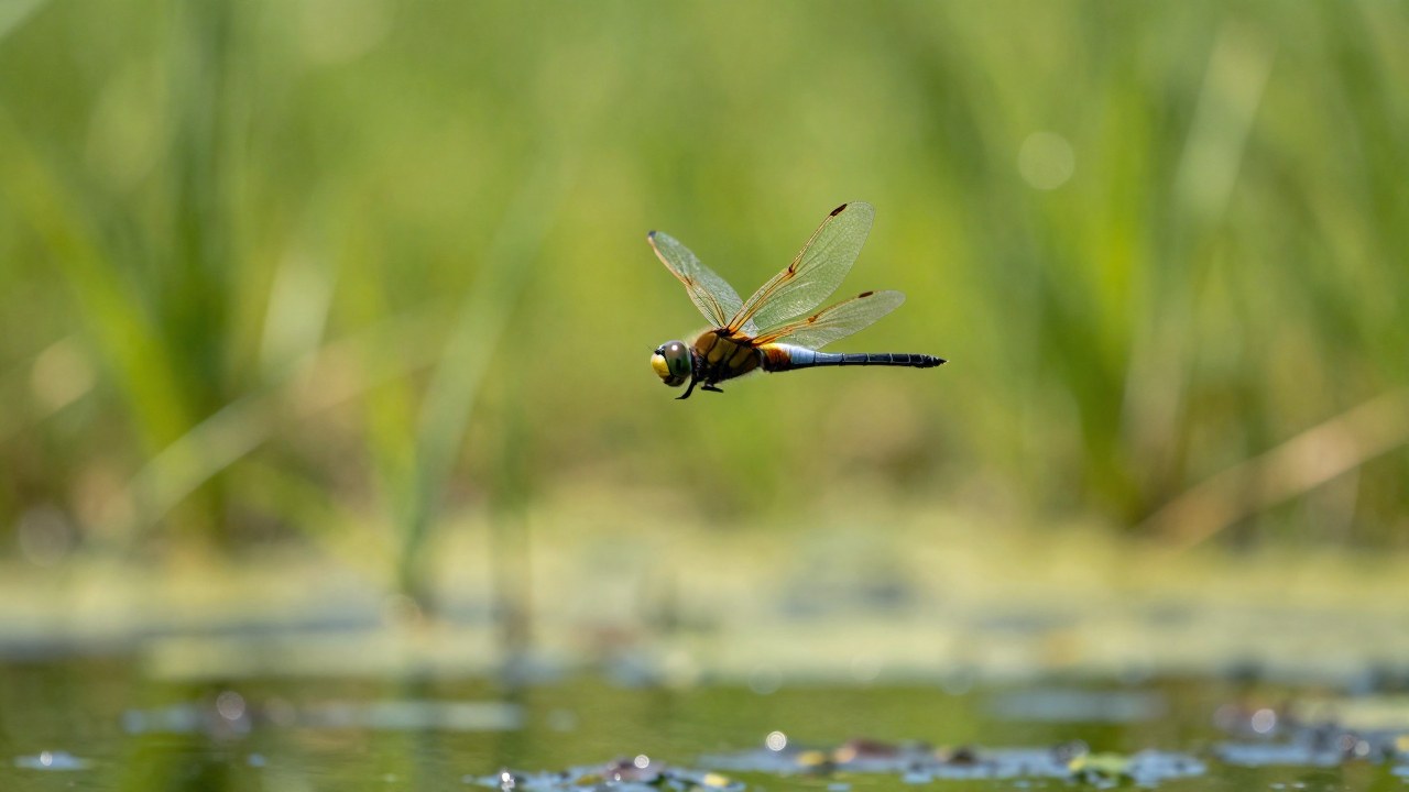 Libélula Aeshna cyanea en vuelo dinámico sobre un entorno de humedal soleado.