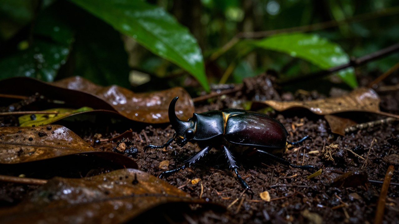 Escarabajo rinoceronte navegando la hojarasca húmeda y el suelo de un denso bosque tropical.