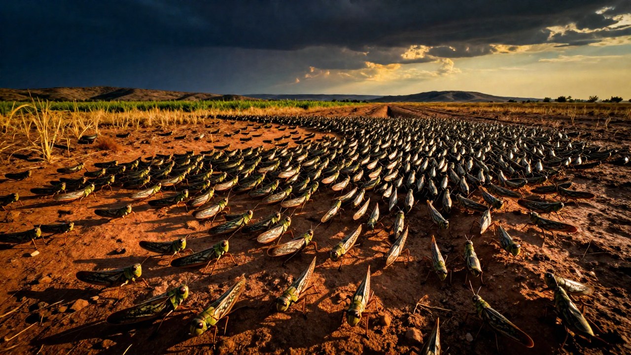 Enjambre de langostas migratorias abruma un paisaje agrícola reseco y en crisis ecológica.