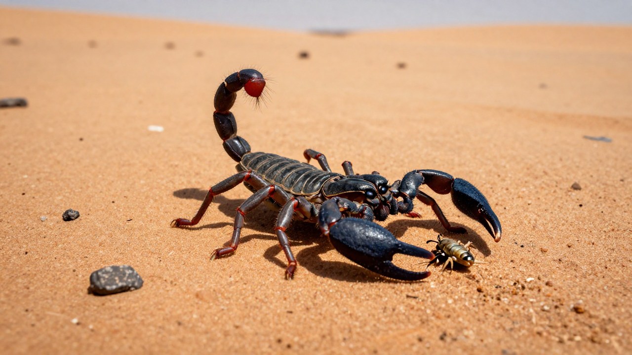 Escorpión Deathstalker alimentándose de un pequeño insecto en el árido entorno desértico.