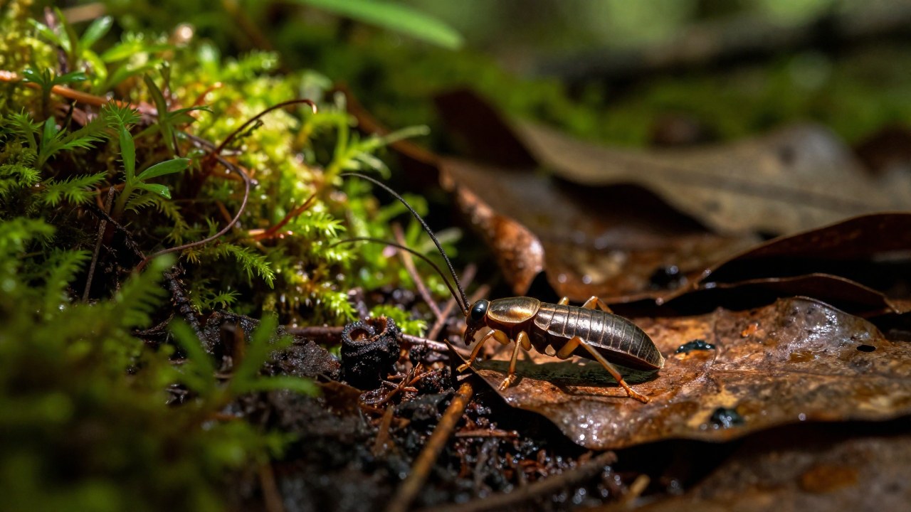 Artrópodo moviéndose sobre hojarasca en el suelo húmedo de un bosque templado, ilustrando su hábitat.