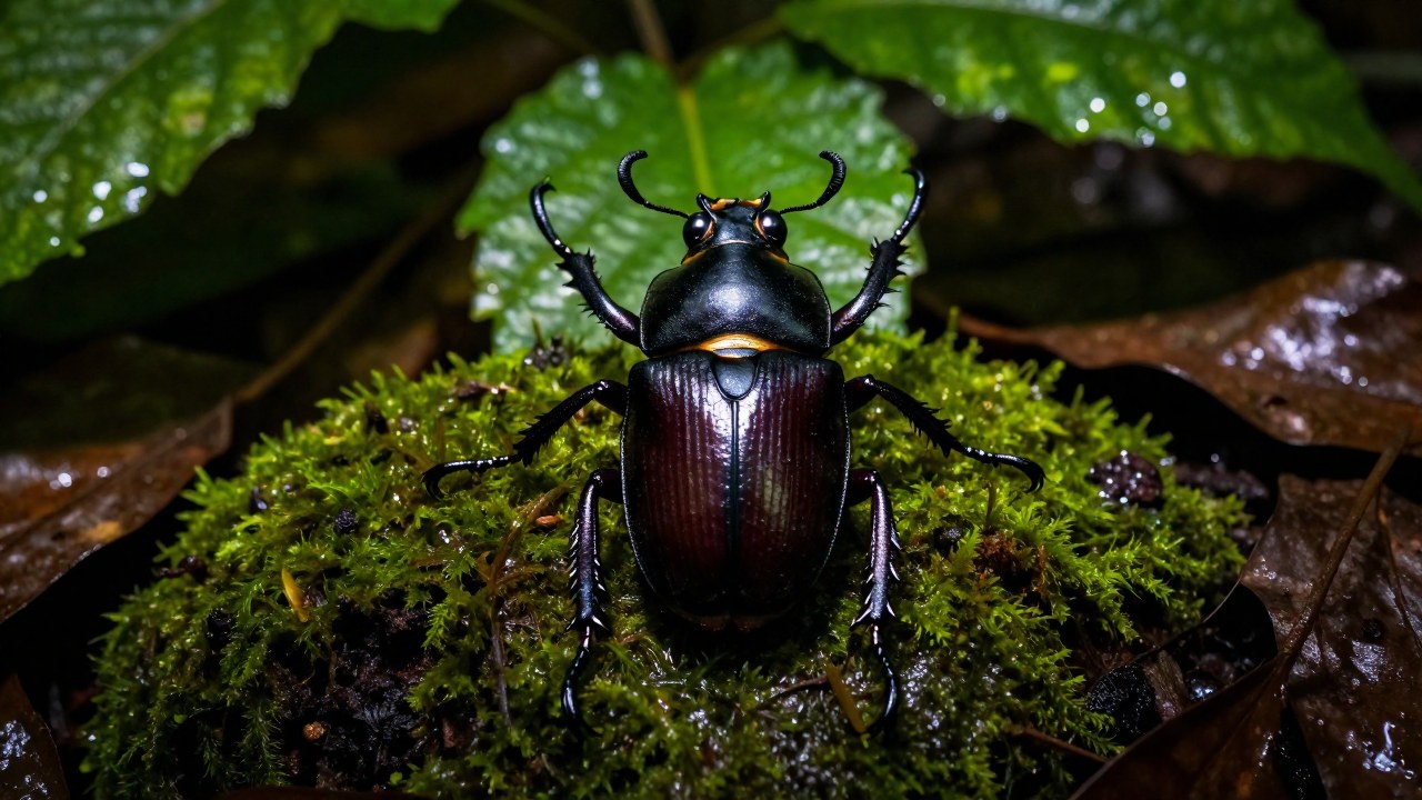 Escarabajo Goliath masivo en postura defensiva sobre musgos y detritos en un bosque tropical.