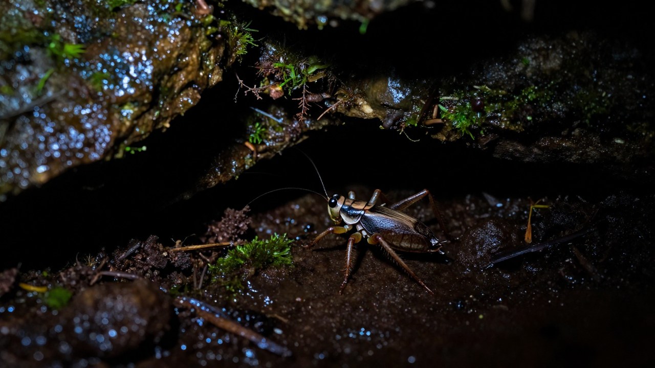 Cucaracha de cueva en su hábitat subterráneo, sobre sustrato húmedo de tierra y musgo dentro de una cueva de piedra caliza.
