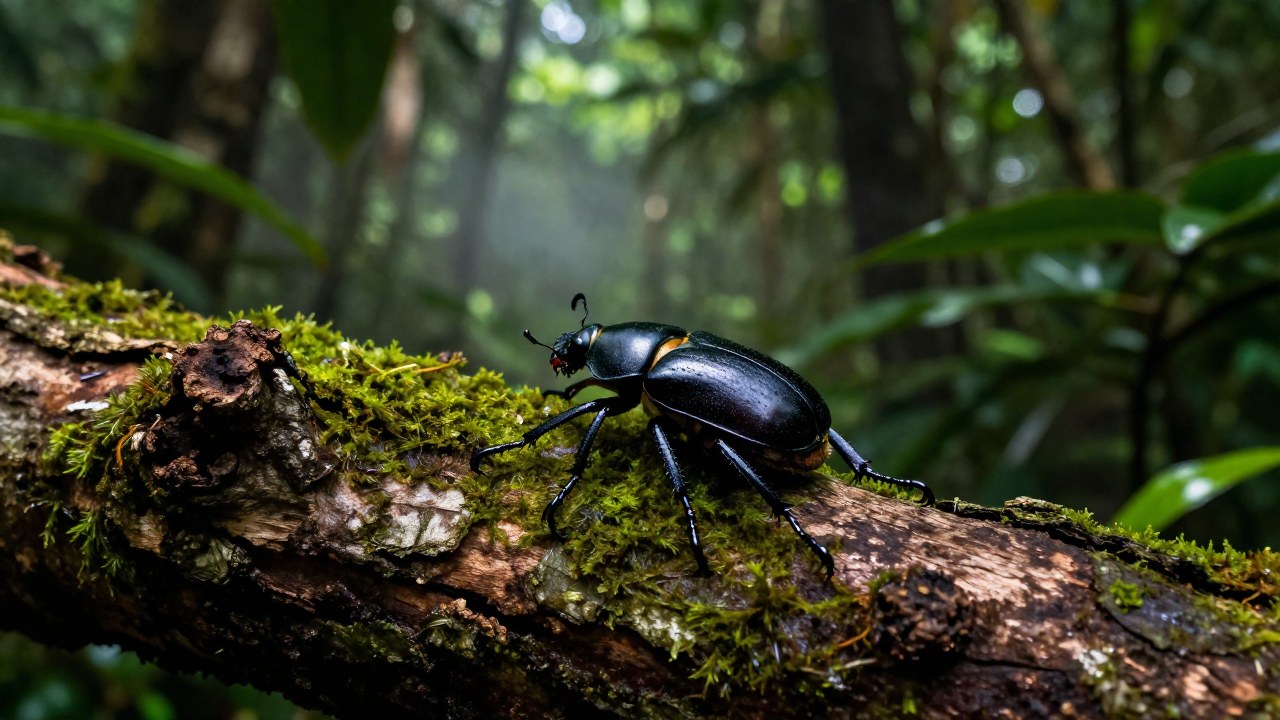 Escarabajo Goliath posado sobre la corteza musgosa y en descomposición de un tronco tropical.