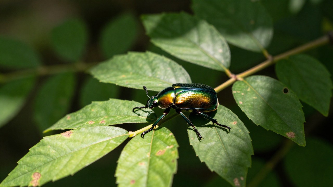 Un escarabajo joya metálico iridiscente reposa sobre el follaje verde y texturado de un bosque.