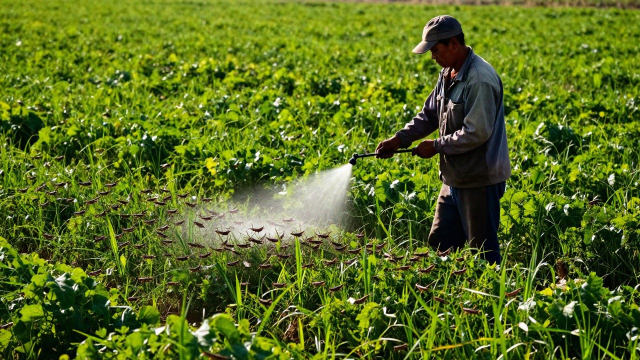 Trabajador agrícola aplica un spray biológico a cultivos amenazados por la plaga de langostas migratorias.