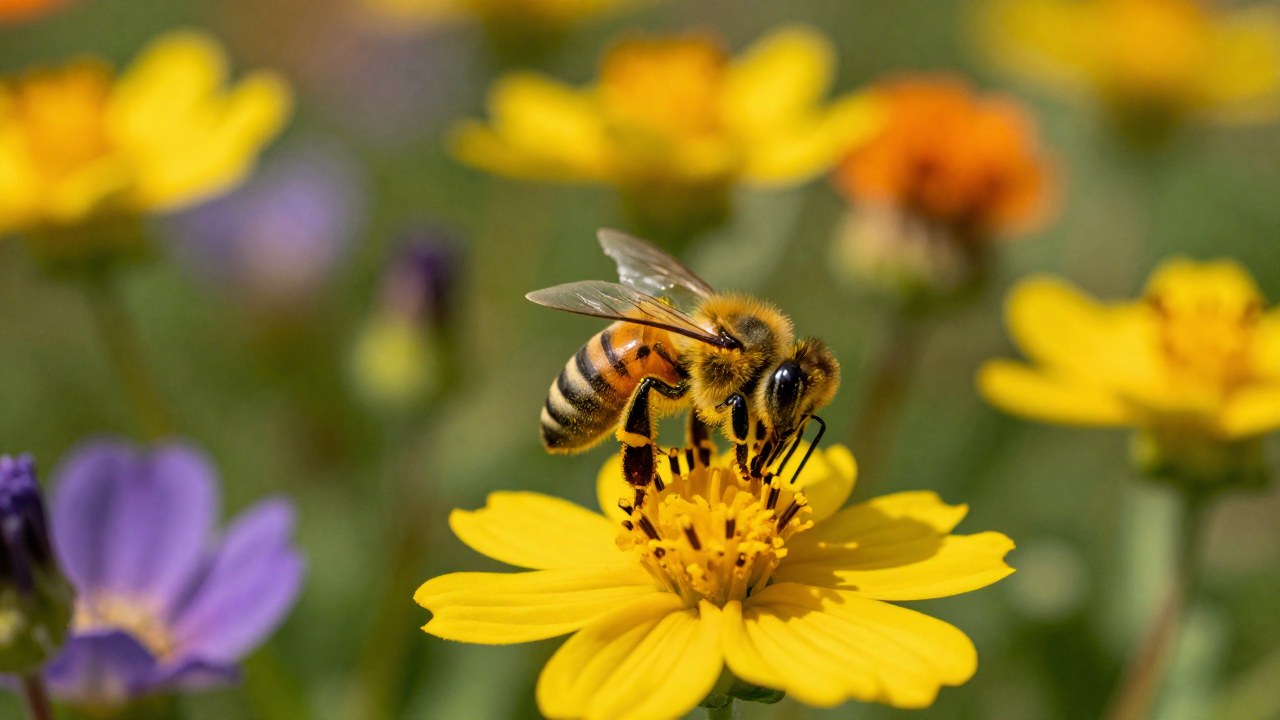 Abeja cubierta de polen recoge polen de una flor vibrante en un prado soleado.