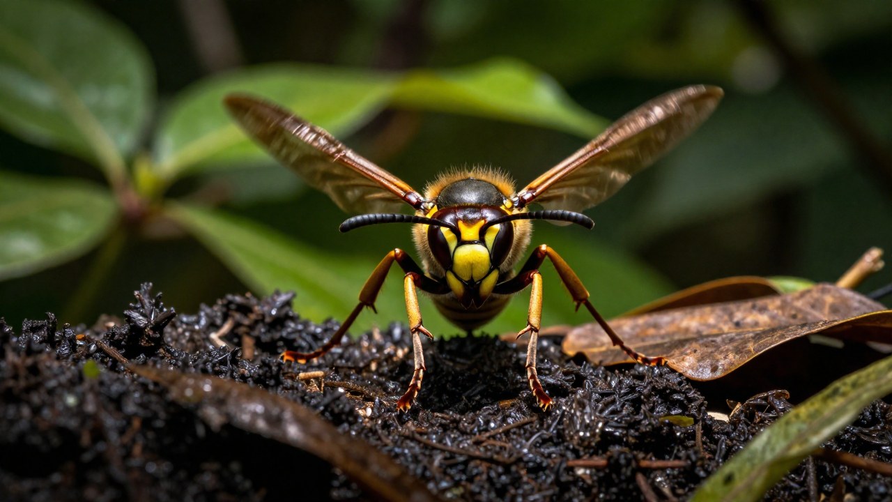 Avispa gigante asiática de amarillo y negro posada sobre follaje oscuro en su entorno natural.
