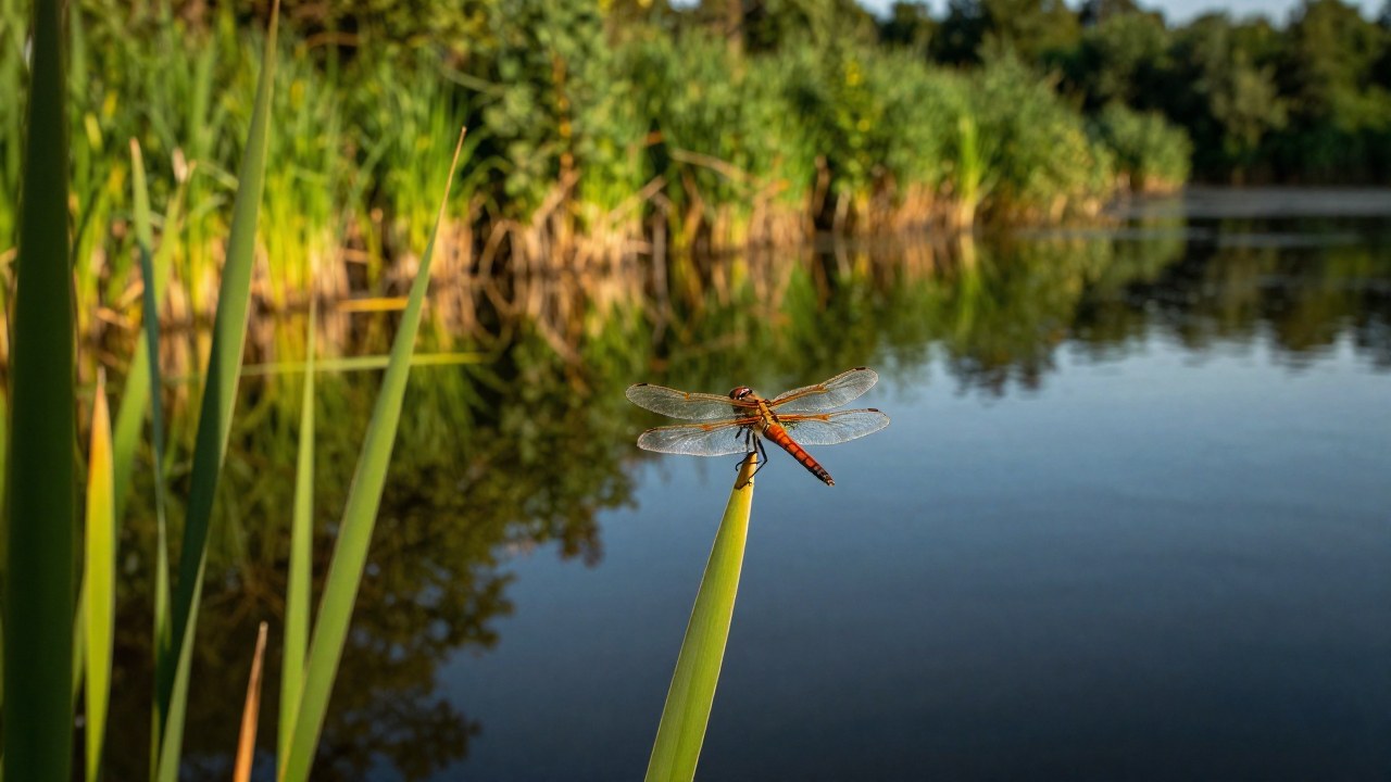 Libélula posada sobre un carrizo en el borde de un reservorio, mostrando su hábitat natural y tranquilo.